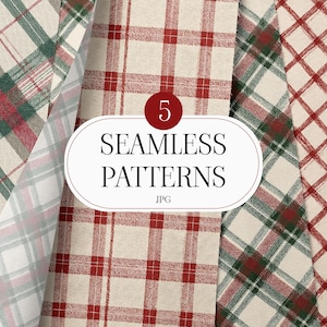 Puede incluir: Cinco patrones de cuadros sin costuras en rojo, verde y crema. Los patrones presentan diseños clásicos de cuadrícula y diagonales. La imagen incluye el texto "5 SEAMLESS PATTERNS JPG" en un óvalo blanco con un círculo rojo encima.
