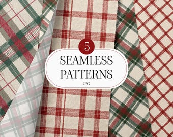 Puede incluir: Cinco patrones de cuadros sin costuras en rojo, verde y crema. Los patrones presentan diseños clásicos de cuadrícula y diagonales. La imagen incluye el texto "5 SEAMLESS PATTERNS JPG" en un óvalo blanco con un círculo rojo encima.