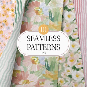 May include: A selection of ten seamless patterns featuring floral and striped designs. The patterns include pink, yellow, and white flowers, alongside green and pink stripes. The text "10 SEAMLESS PATTERNS" is visible.