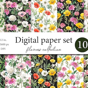 Botanisch naadloos patroon - Bloemen digitaal papier - Afdrukbare papierset - Aquarelbloemen - Botanische aquarel - Vintage naadloos