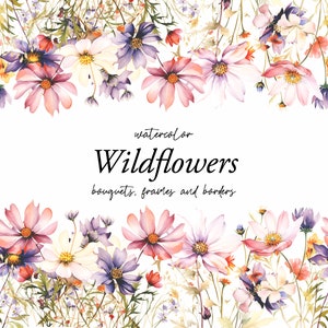 Watercolor Floral Clipart - Field borders - Soft Pastel floral clipart - Wildflowers border set - Meadow Tiny Flowers - Digital clipart PNG