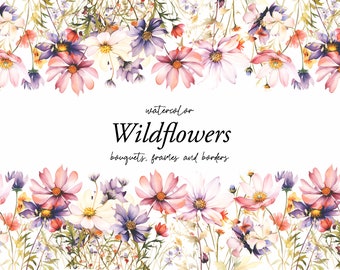 Aquarell Blumen Clipart - Feld Grenzen - Soft Pastell Blumen Clipart - Wildblumen Grenze Set - Wiese kleine Blumen - Digitale Clipart PNG