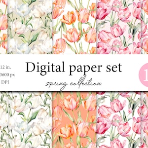 Whimsical Tulip Delight - Watercolor Digital Paper for Crafts - Beautiful Tulip Bouquet -Tulip Digital Paper set for Card Making