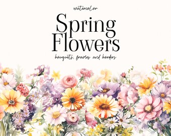 Aquarell Blumen Clipart - Feld Grenzen - Soft Pastell Blumen Clipart - Wildblumen Grenze Set - Wiese kleine Blumen - Digitale Clipart PNG