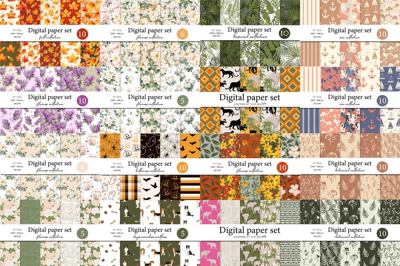 May include: A digital paper set with 10 different patterns. The patterns include fall leaves, flowers, tropical leaves, nautical anchors, and more. Each pattern is 12 inches by 12 inches.