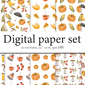 Watercolor Fall Cute Digital Paper - Autumn Pattern - Pumpkin - Corn - Leaves Fall Clipart Thanksgiving Halloween - Fall leaf digital paper