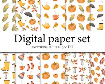 May include: A set of 10 digital paper patterns featuring autumnal themes. The patterns include pumpkins, mushrooms, leaves, boots, and teacups. The patterns are 12 inches by 12 inches and 300 DPI.