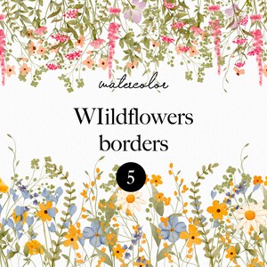 Aquarelle Floral Clipart - Ensemble de bordure de fleurs sauvages - Frontières florales - Bordure de fleurs sans couture - Fleurs pressées minuscules séchées - PNG numérique