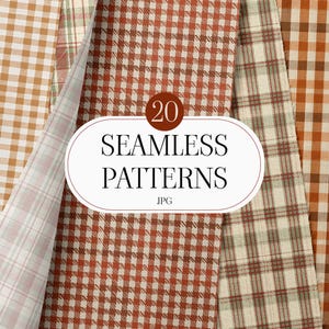 May include: A collection of fabric swatches featuring various plaid and gingham patterns in shades of brown, rust, and cream. A central white oval label displays the text 20 SEAMLESS PATTERNS JPG in dark brown and black lettering.