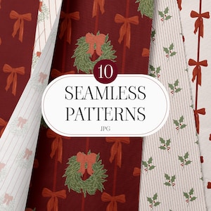 May include: A collection of ten seamless patterns in a festive theme. The patterns feature bows, wreaths, and holly on a burgundy and cream background. The image includes the text "10 SEAMLESS PATTERNS JPG".