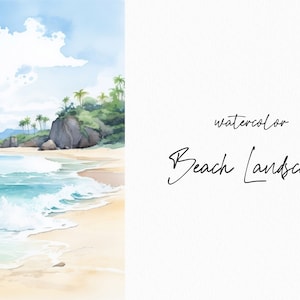 Watercolor Beach clipart - Watercolor nature scenery background - Beach background - Sea Ocean Tropical palms clipart - Digital papers set