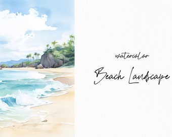 Clipart de playa de acuarela - Fondo de paisaje natural de acuarela - Fondo de playa - Clipart de palmeras tropicales del mar océano - Conjunto de papeles digitales