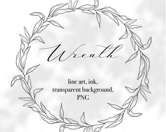 Corona - Arte lineal botánico - Guirnalda de follaje - Clipart de flores - Clipart de boda - Clipart de corona de bellas artes - Bocetos florales a lápiz