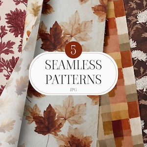 Peut inclure: Une collection de cinq motifs sans couture au format JPG présentant divers designs, dont des fleurs de chrysanthème rouge foncé sur crème, des feuilles d'érable brunes sur fond clair, une grille à carreaux et des chrysanthèmes blancs sur brun foncé.