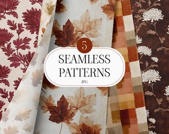 5 Autumn Seamless Patterns Bundle, Fall Floral Digital Paper, Vintage Leaves Plaid Chrysanthemum JPG, Cozy Scrapbook Background Set