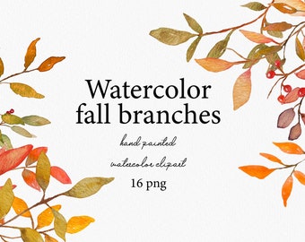 Autumn Watercolor Clipart - Fall Clip Art - Fall Leaves Clipart -Berries - Twigs - Branches - Fall Wreath Clipart - Illustrations - Harvest