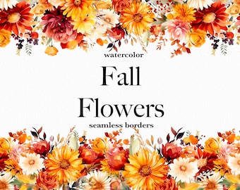 May include: Watercolor seamless border with fall flowers in shades of orange, yellow, red, and white. The text "watercolor Fall Flowers seamless borders" is in the center of the image.