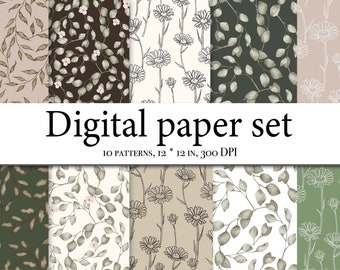 Pattern clipart Gentle Leaf Digital Paper - Watercolor Scrapbook Papers - Seamless Patterns - Digital Background - Printable Paper Set