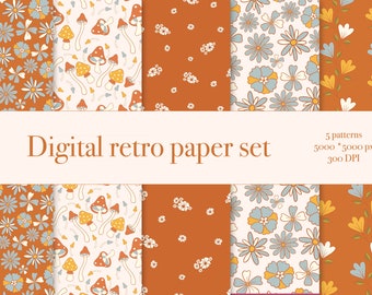 Retro 70s 60s - Floral Hippie Summer- Groovy Flower - Power Flower - Paquete de papel digital imprimible para niños - Patrón sin costuras - Papel de álbum de recortes