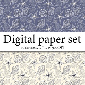 May include: A digital paper set with 10 patterns featuring a seamless design of seashells, starfish, and swirls in shades of blue and white. The patterns are 12 inches by 12 inches and 300 DPI.