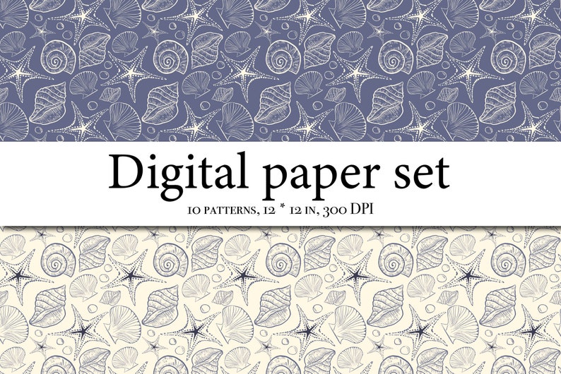 May include: A digital paper set with 10 patterns featuring a seamless design of seashells, starfish, and swirls in shades of blue and white. The patterns are 12 inches by 12 inches and 300 DPI.