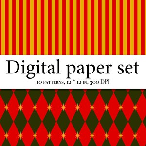 Op de afbeelding: Digitale papier set met verschillende patronen. De bovenkant heeft verticale gele en rode strepen. In het midden staat de tekst "Digital paper set". De onderkant heeft een ruitpatroon in rood, groen en goud. Het papier is 30,48 cm bij 30,48 cm.