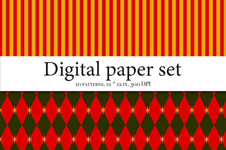 Op de afbeelding: Digitale papier set met verschillende patronen. De bovenkant heeft verticale gele en rode strepen. In het midden staat de tekst "Digital paper set". De onderkant heeft een ruitpatroon in rood, groen en goud. Het papier is 30,48 cm bij 30,48 cm.