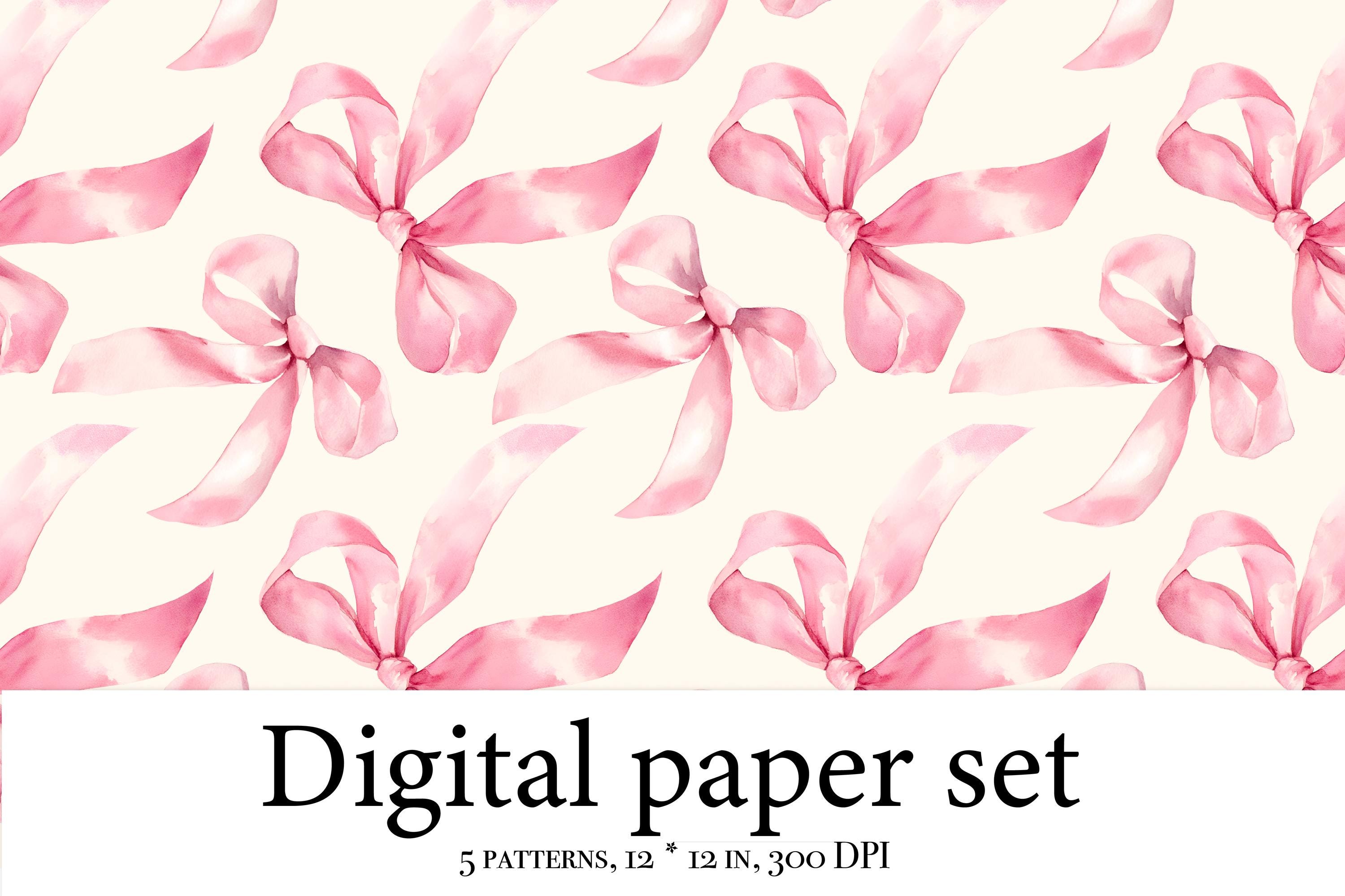 Pink Ribbon Bows Seamless Pattern Set, Watercolor Bow, Gingham ...