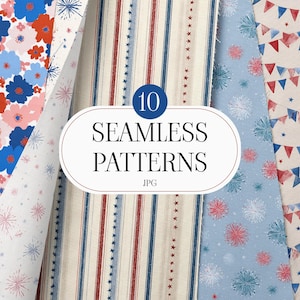 Patriotic Seamless Pattern Bundle 10 Designs USA Red Blue Stars Stripes Florals Fireworks Bunting Digital Paper Fourth of July Set