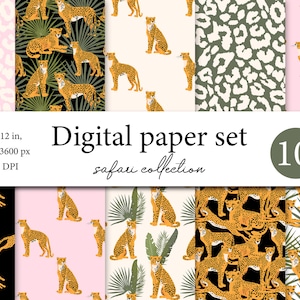 Dschungel Digital Papier - Safari Papier - Nahtlose Muster - Digitaler Hintergrund - Druckbares Papier Set - Leopard Tropisches Wildes Pack - Tier