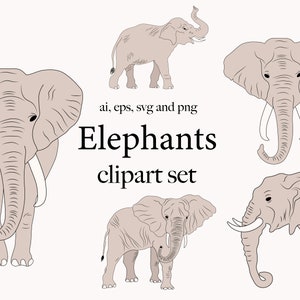 Clipart digital de elefantes, elementos individuais de elefantes, elementos de logotipo, imagens PNG + EPS de elefantes, clipart de animais da selva Safari