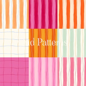 May include: A selection of vibrant, abstract patterns. The designs feature vertical stripes in orange, pink, and white, alongside grid patterns in pink and yellow. The text "id Patterns" is displayed in the centre of the image.