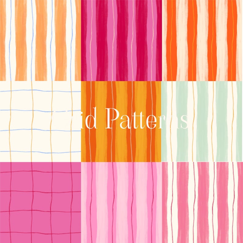 May include: A selection of vibrant, abstract patterns. The designs feature vertical stripes in orange, pink, and white, alongside grid patterns in pink and yellow. The text "id Patterns" is displayed in the centre of the image.