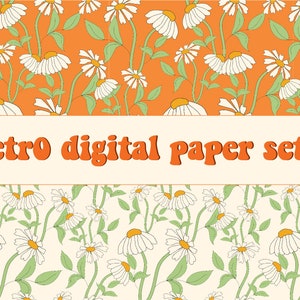 May include: A set of five digital papers featuring a retro daisy pattern in orange and white, and white and cream. The papers are 12x12 inches and 300 dpi.