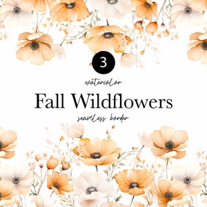 Watercolor Floral Clipart - Watercolor Autumn flowers - Fall Wildflowers clipart png - Floral border - Seamless border brown neutral flowers