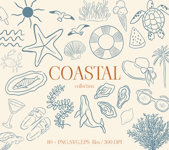 Coastal clipart bundle – 80+ hand-drawn beach  ocean elements | summer nautical SVG, PNG, eps for sublimation  DIY projects
