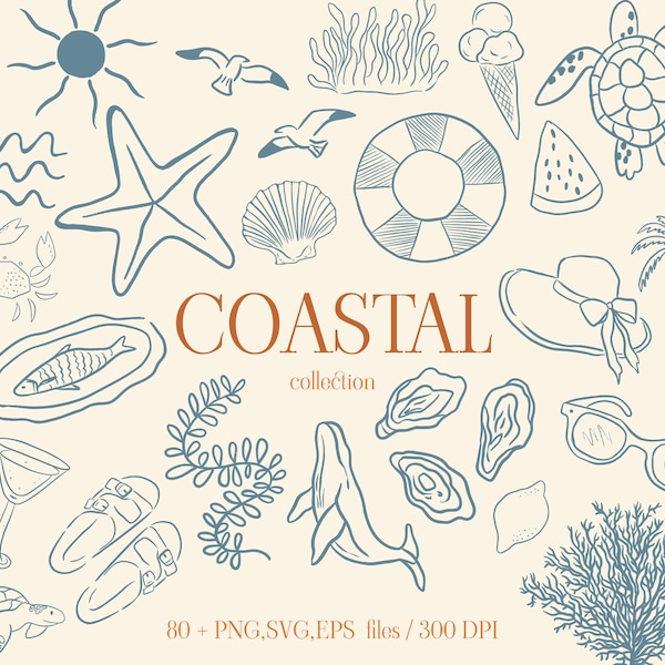 Coastal clipart bundle – 80+ hand-drawn beach  ocean elements | summer nautical SVG, PNG, eps for sublimation  DIY projects