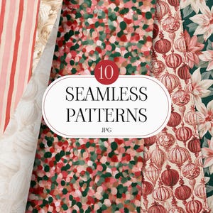 Pode incluir: Uma coleção de 10 padrões sem costura em formato JPG com designs variados, incluindo listras verticais vermelhas e rosas, uma estampa de confete multicolorida, ornamentos de linhas vermelhas em fundo creme e flores de poinsétia rosas em verde escuro.