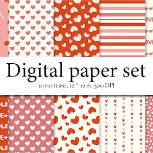 Scrapbooking digital do Dia dos Namorados, 10 papéis digitais sem costura de corações de namorados, fundos de coração, papel digital de namorados