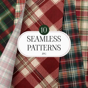 May include: An image showcasing ten seamless plaid patterns in various colors, including red, green, and cream. The patterns are displayed in a layered arrangement, with a white oval label in the center that reads "10 SEAMLESS PATTERNS JPG".