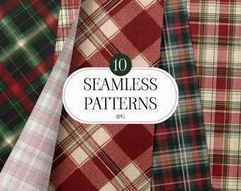 May include: An image showcasing ten seamless plaid patterns in various colors, including red, green, and cream. The patterns are displayed in a layered arrangement, with a white oval label in the center that reads "10 SEAMLESS PATTERNS JPG".