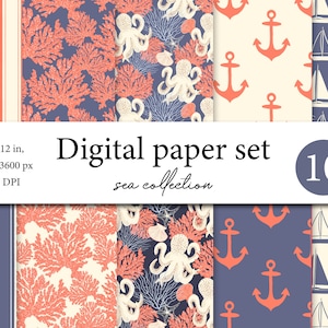 Sea Digital Paper-Underwater Ocean - Octopus Digital Paper - Corals - Seamless Summer Sea Digital Paper - Fabric design - Scrapbook paper