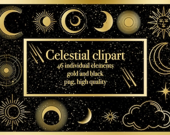 May include: Gold and black celestial clipart with 46 individual elements. The clipart includes moons, stars, suns, and other celestial bodies. The clipart is high quality and perfect for digital projects.