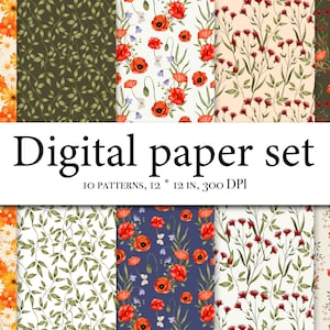 Papier numérique esthétique fleurs sauvages, aquarelle de fleurs des prés, papier numérique petite floraison, motifs sans couture, lot de papiers aquarelle 003