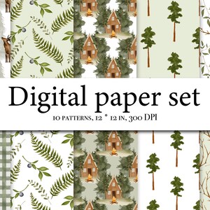 Set di carta digitale foresta acquerello - Carta paesaggio forestale - Modello senza cuciture - Alberi acquerello - Montagna dei cervi - Pino acquerello 145