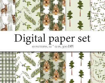 Aquarel bos digitale papierset - boslandschap papier - naadloos patroon - aquarel bomen - hertenberg - aquarel dennen 145