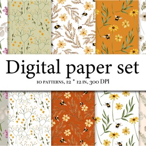 May include: A set of 10 digital paper patterns featuring floral and bee designs. The patterns are in various colors, including white, yellow, green, orange, and brown. Each pattern is 12 inches by 12 inches and 300 DPI.