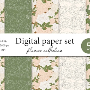 Puede incluir: Un conjunto de cinco diseños de papel digital con un patrón floral de peonías blancas y melocotón sobre un fondo verde y crema. El texto "Digital paper set flowers collection" y el número "5" están incluidos en la imagen. Cada diseño mide 12 pulgadas por 12 pulgadas, 3600 píxeles por 3600 píxeles y 300 DPI.