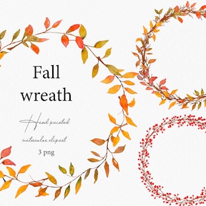 Clipart de feuilles d'automne aquarelle couronne d'automne Clip Art feuilles d'automne branches feuillage couronne bordure branches baies glands cadre mariage PNG