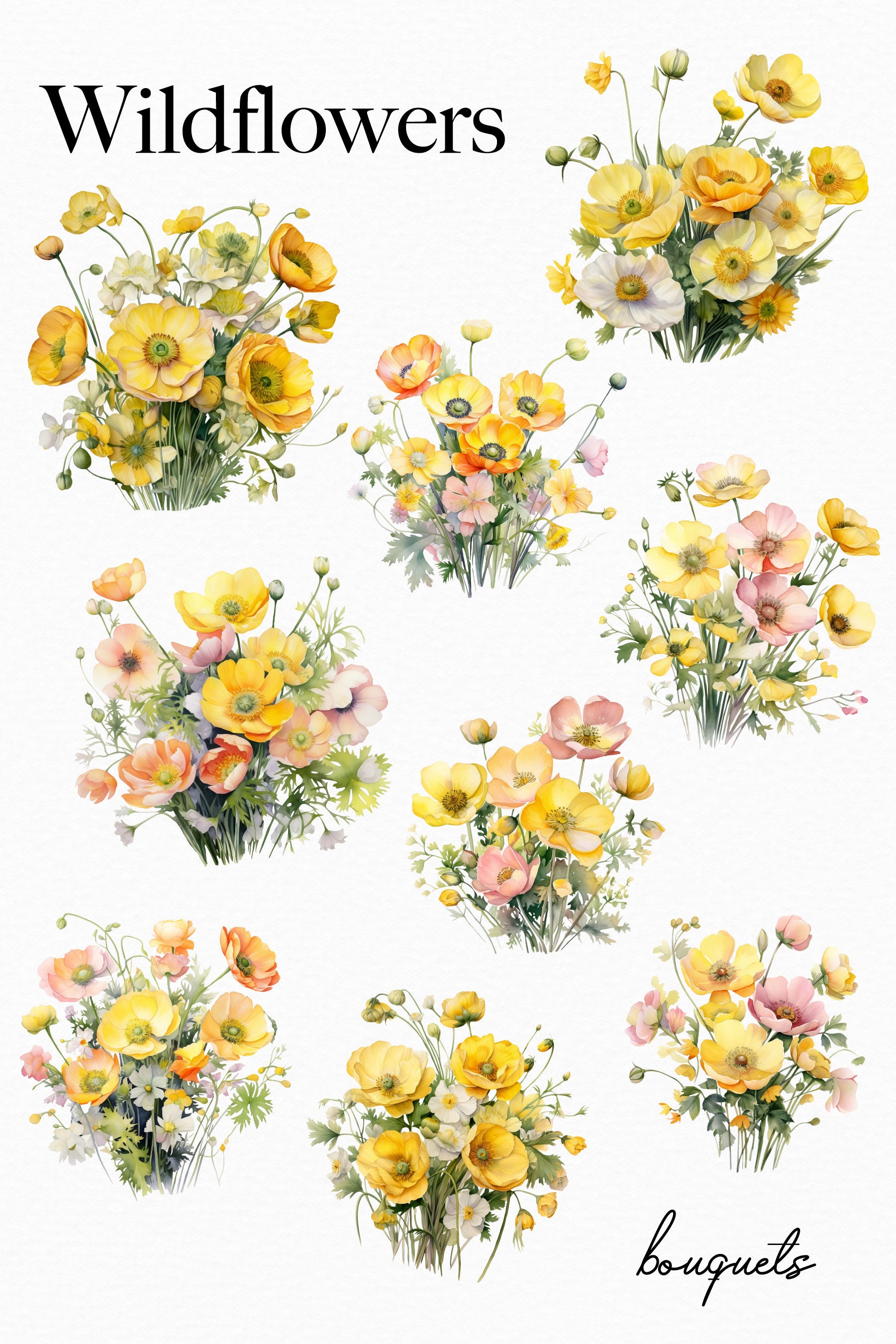Wildflowers Watercolor Floral Bouquets , Wild Flowers, Wedding Clipart ...
